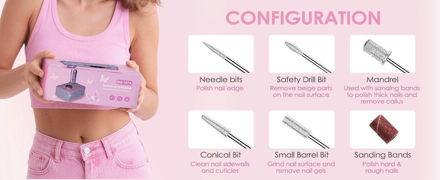 Професійна електрична машинка для манікюру та педикюру 45000 RPM, рожева, з алмазним фрезером, для салонного та домашнього використання