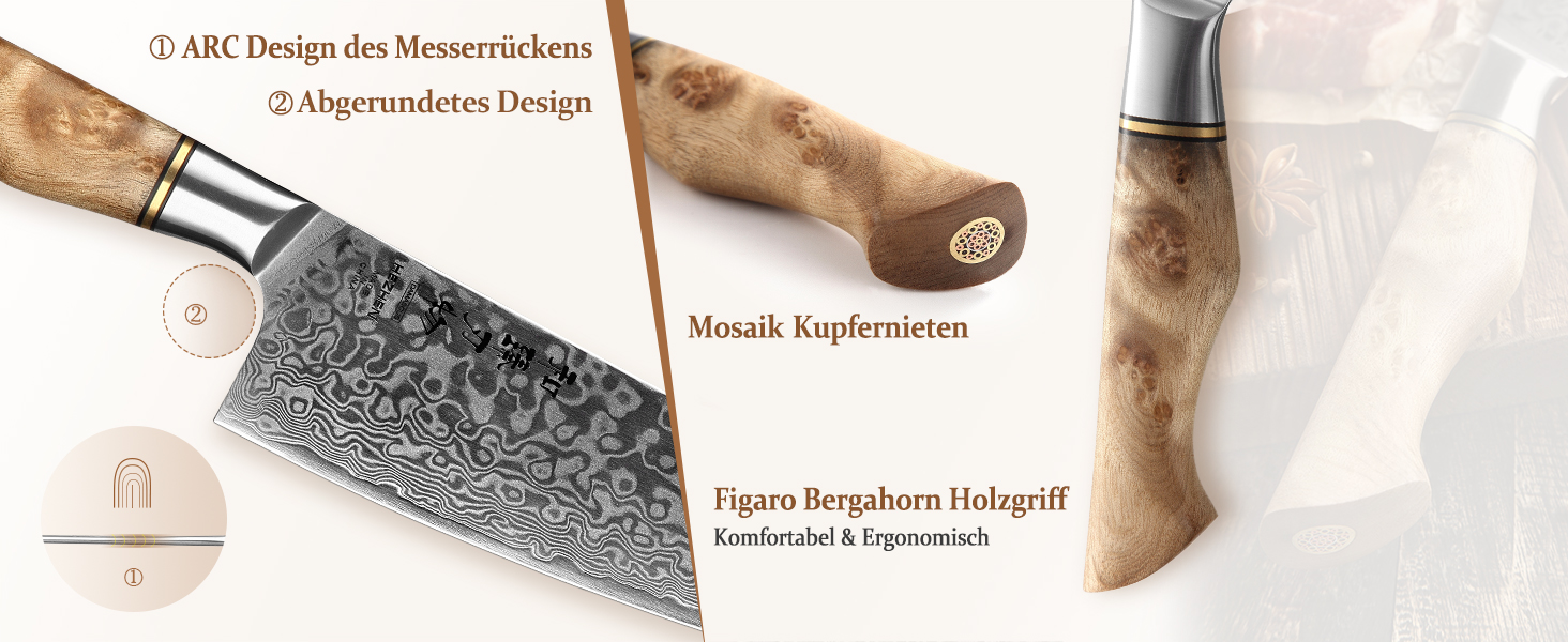 HEZHEN Професійний ніж кухарський 21 см Дамаск, VG10, серія Gyuto Master, кухонний ніж з ручкою з берези для дому та ресторану