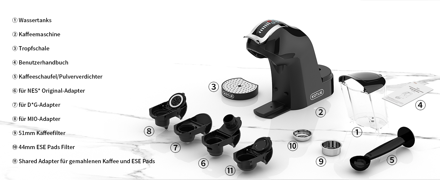Кавомашина KOTLIE 5-в-1 для капсул, меленої кави та ESE (44 мм), чорна (EM-308A)