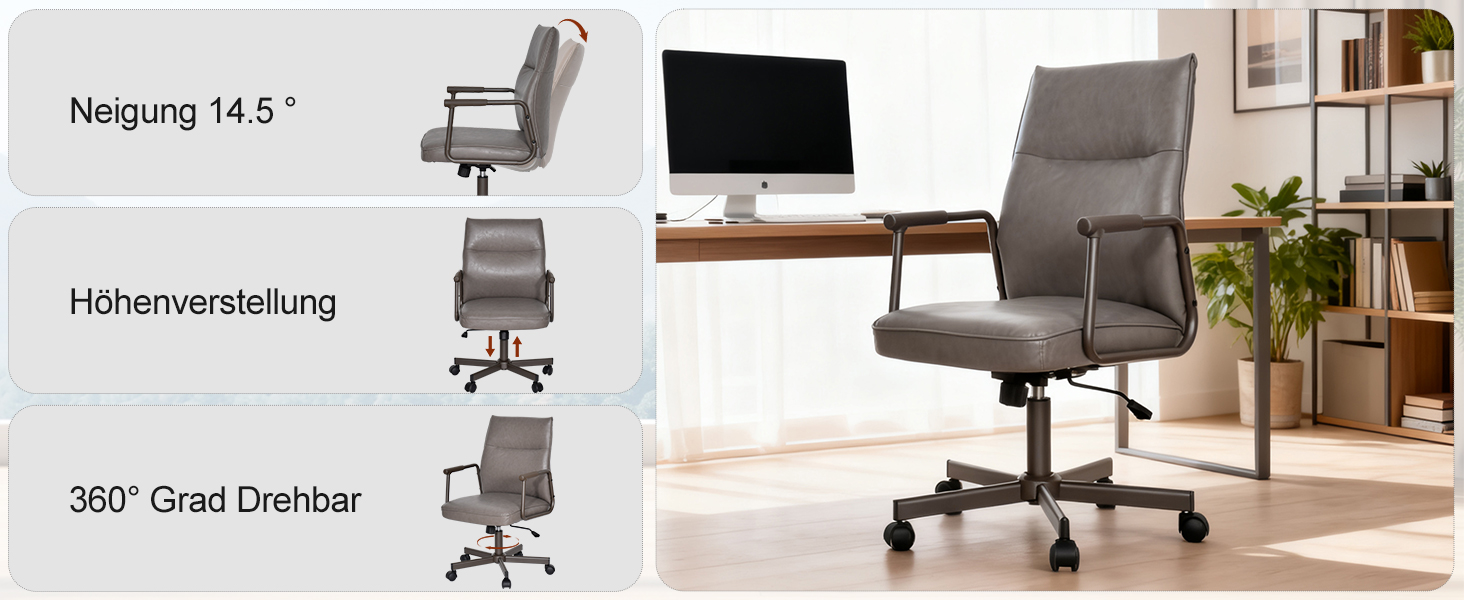 Офісне крісло Duhome з регулюванням висоти, поворот на 360°, матеріал PVC, для офісу, вітальні, спальні (сірий)