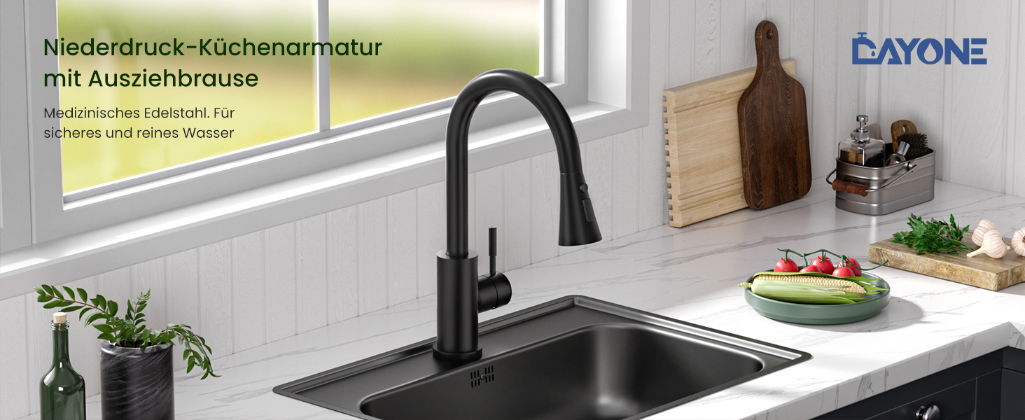 Кухонний змішувач DayOne з висувною лійкою, нержавіюча сталь SUS304, високий тиск, кухонний кран з 2 функціями, поворотний на 360°, для кухні (низький тиск, 247mb-niederdruck)