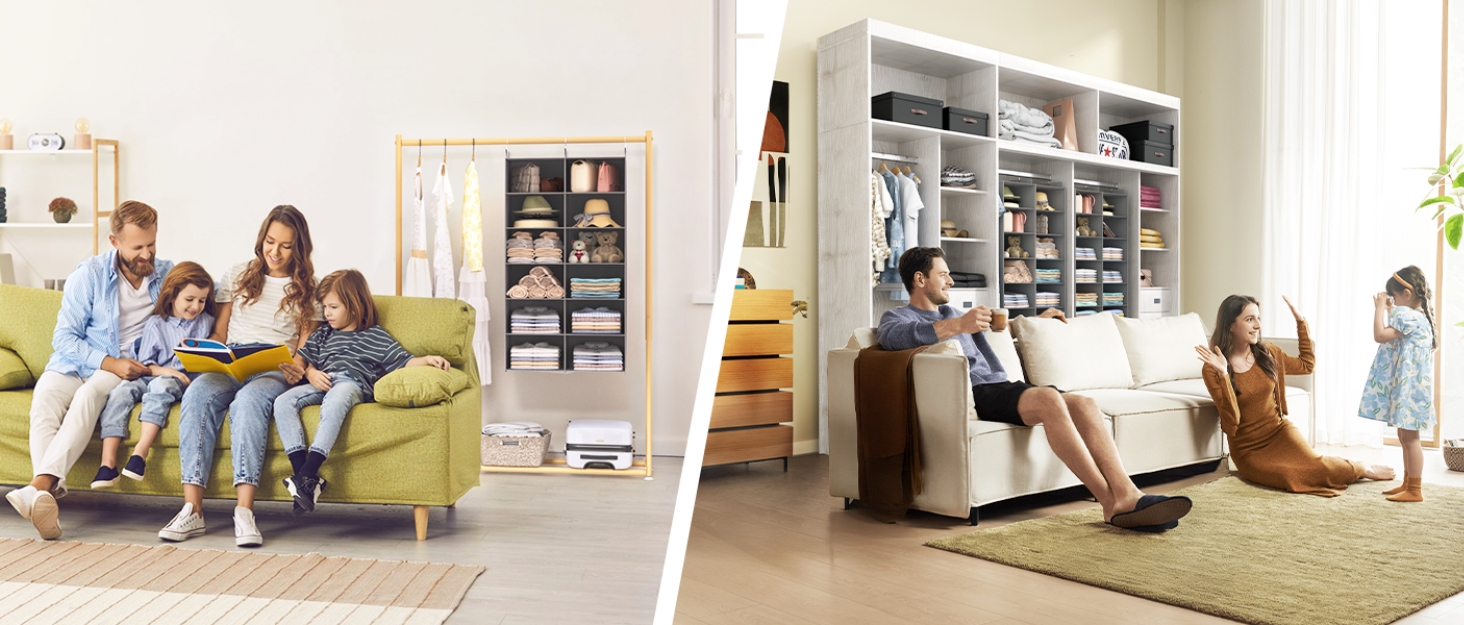 Організатор для шафи з 6 полицями, сірий - для одягу, з металевими гачками, компактний, для спальні, гуртожитку