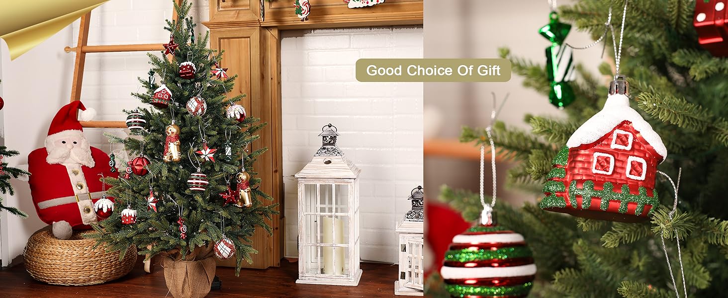 Набір прикрас на ялинку Shareconn 65 шт. з пластику, міцні ялинкові кулі з мотузкою, різного розміру та дизайну, декор для ялинки, червоний та білий (червоний, зелений, білий)