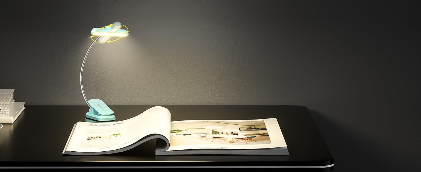 LED лампа для читання Glocusent з кріпленням на книгу, 22 світлодіоди, таймер, регулювання яскравості та кольору, акумулятор 1000 mAh (до 100 годин), для книголюбів, блакитна