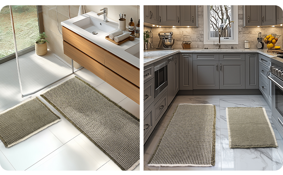 Boho Bathroom Rug Set - Non-Slip Bath Mats 2-Piece Set - Washable Shower Rugs for Bathroom, Bedroom, Living Room - 51x120cm + 41x61cm (Green & White)