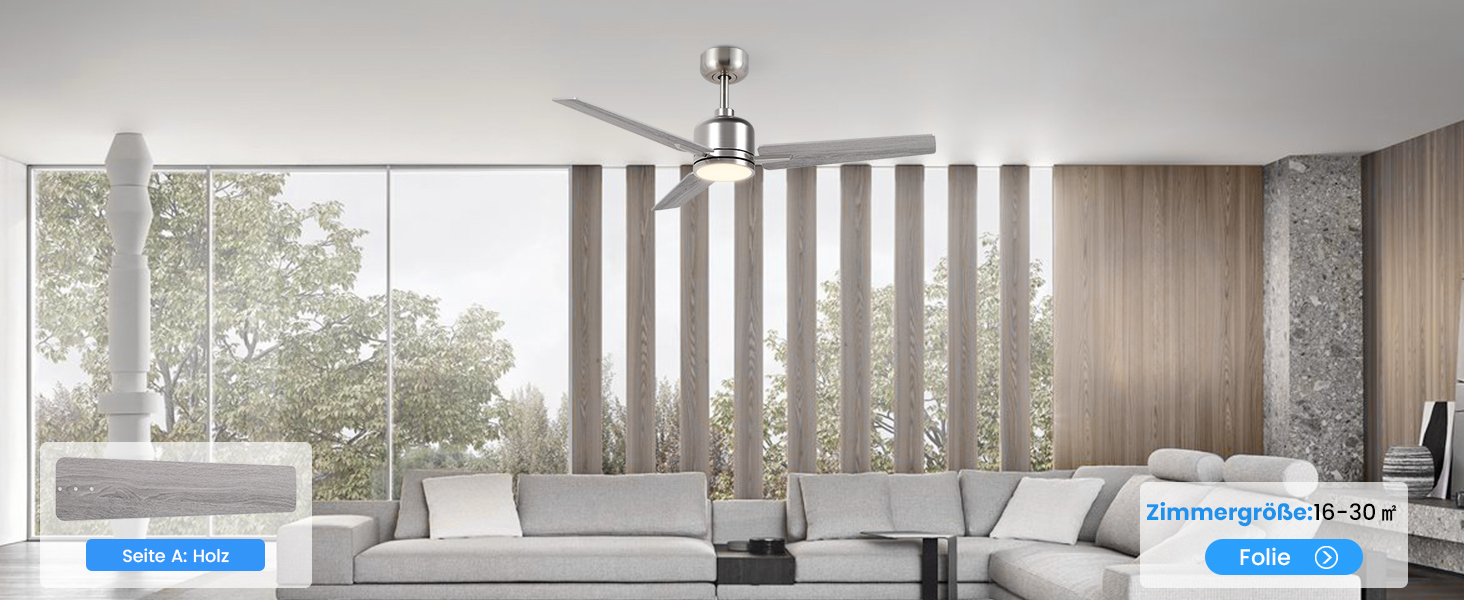 Стеляний вентилятор Newday білий, 122 см з підсвіткою та пультом керування. Безшумний вентилятор для стелі з лампою, регульована яскравість, DC мотор, реверсивний для спальні та вітальні (107-silber-holz)