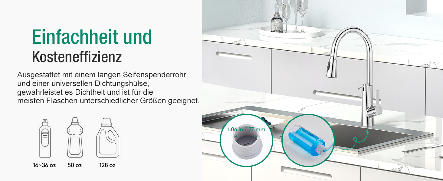 Кран кухонний CREA Wasserfall висувний з дозатором мила, нержавіюча сталь, 360° оберт, 4 режими, хром