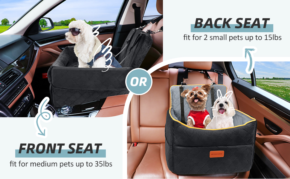 Washable Dog Car Seat for Small to Medium Dogs with Leash & Storage Pockets - Thickened Elevated Dog Bed for Back or Front Seat - Black