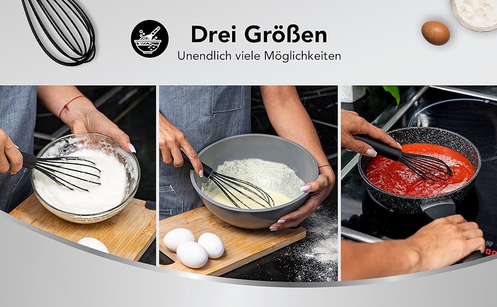 Набір міксерів Rigatti® з нержавіючої сталі та силікону (3 шт.) - чорний, термостійкий, без BPA, для тефлону, ергономічні, 28/26/23 см