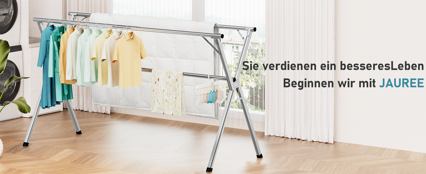 Стійка для сушіння білизни JAUREE 160 см, розкладна, з нержавіючої сталі, для дому та вулиці, велика, зі 20 гачками