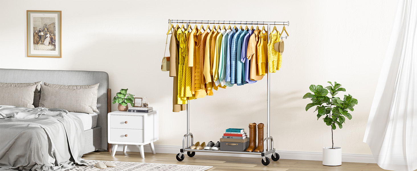 Вешалка для одягу на колесах, з полицею та широкою перекладиною, 116 x 43 x 150 см, сріблястого кольору