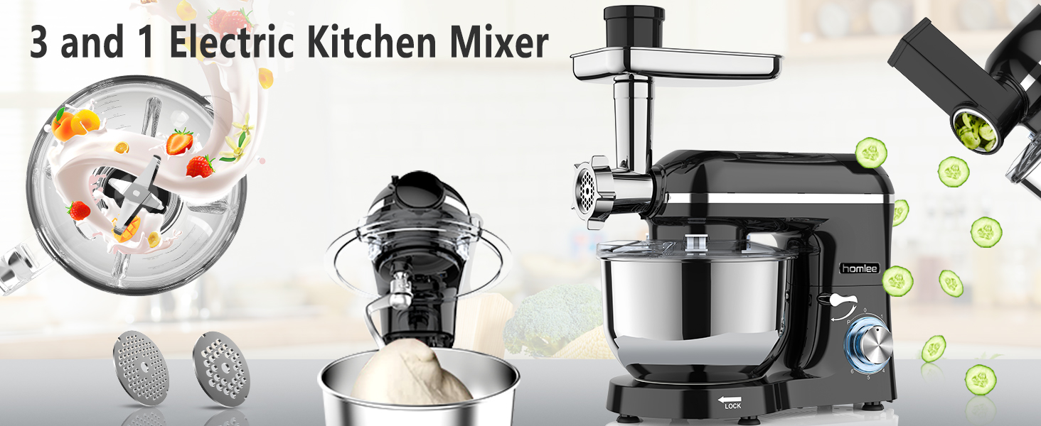 Homlee 3-in-1 Kitchen Machine with 1800W Power - Food Processor, Mixer, Meat Grinder & Juicer with 5.5L Stainless Steel Bowl
