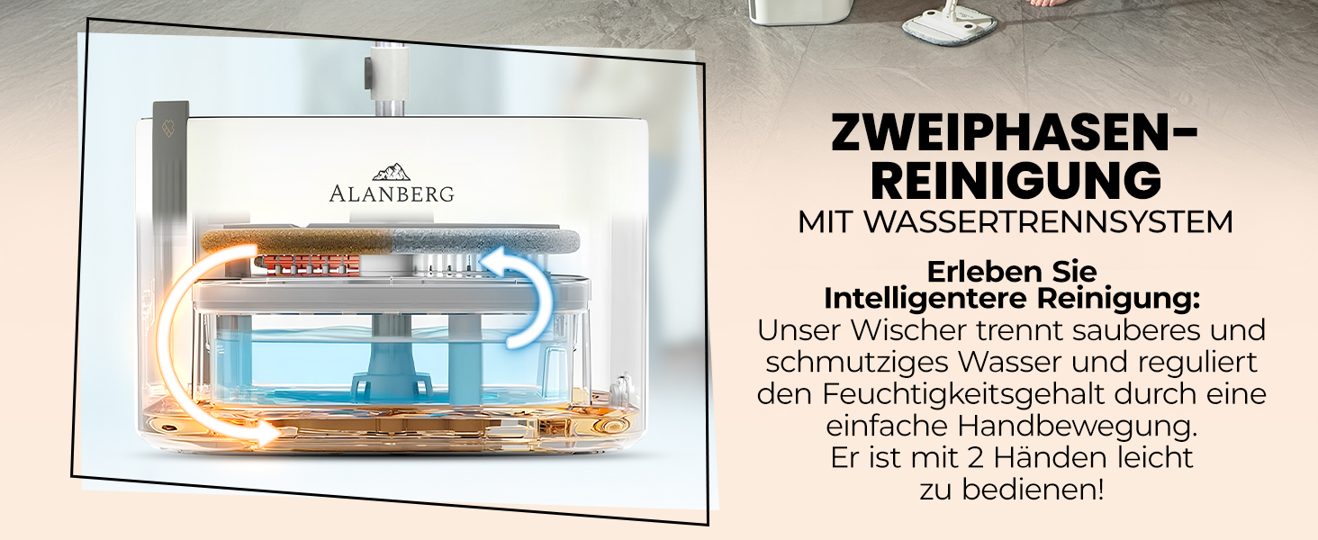 Набір для миття підлоги з відром ALANBERG® Gen2, білий: 360° самовіджимання, система з двома камерами, 2 мікрофібрових насадок