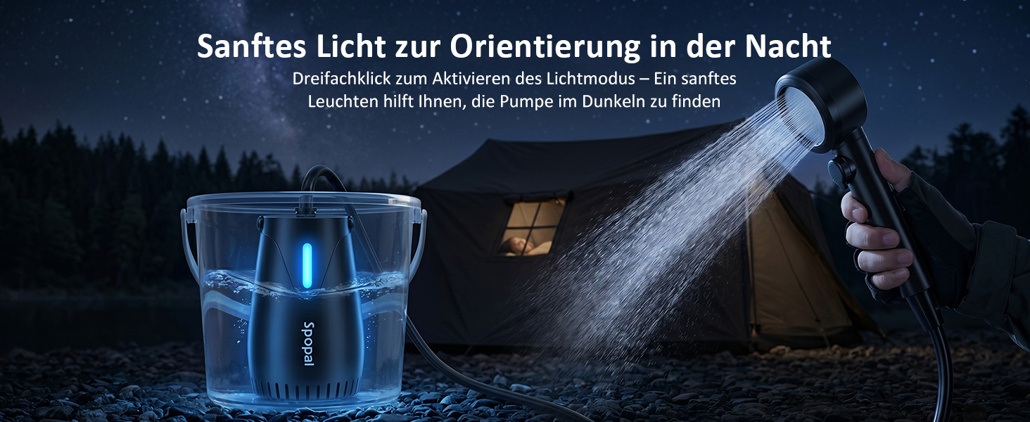 Camping душ Spopal з насосом 8000mAh, портативний, з вимірюванням температури, нічником, IPX8, для подорожей, поливу квітів, автомийки, миття тварин