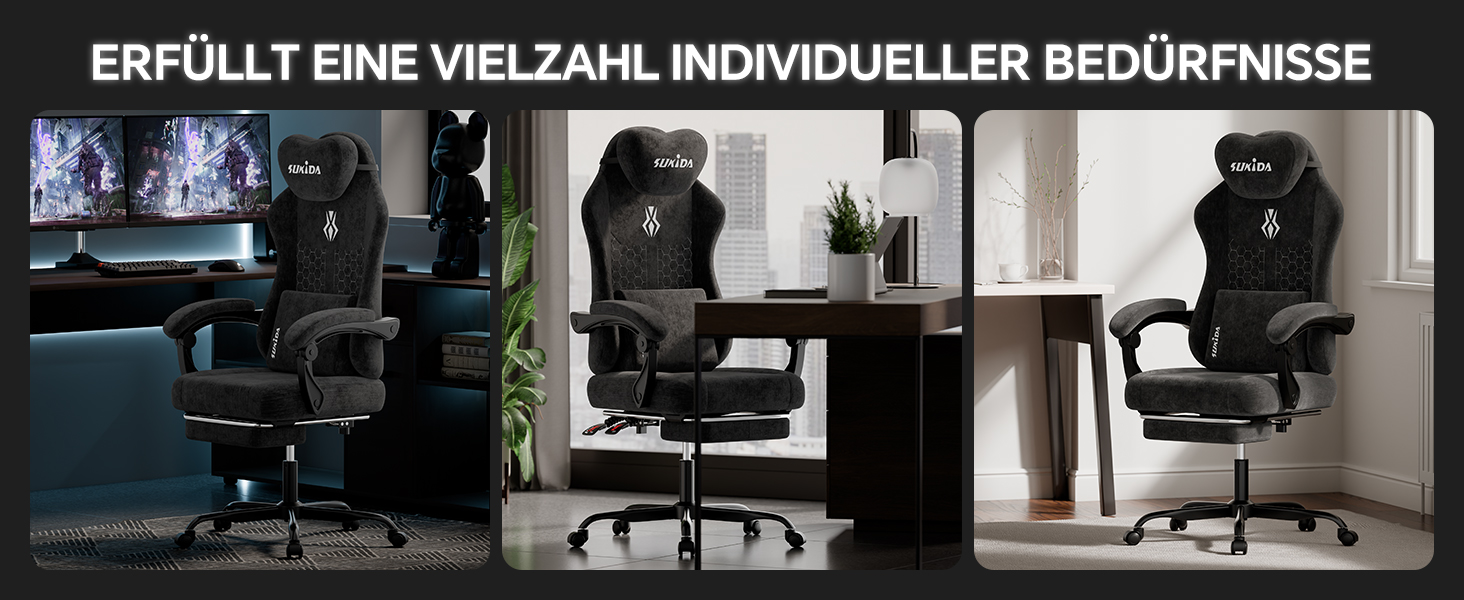 Ігрове крісло SUKIDA Ergonomic Pureblack: ергономічний офісний стілець з підскладною підставкою для ніг, підголівником та поперековою підтримкою, тканинна оббивка