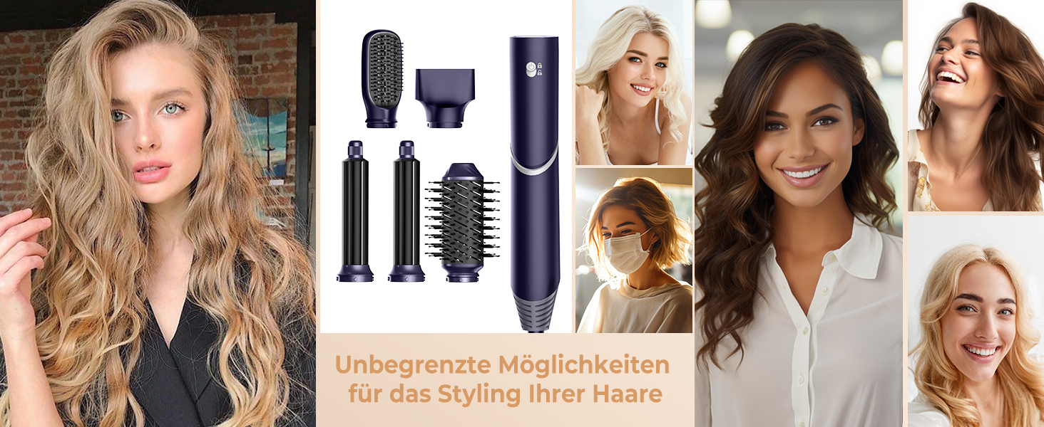 Фен-щітка 5 в 1 для волосся: сушка, укладка, локони, об'єм (блакитний)