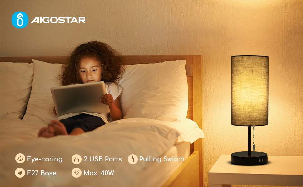 Настільна лампа Aigostar з 2 USB-портами, вимикач, металевий цоколь, сірий колір, для спальні, вітальні, дитячої кімнати