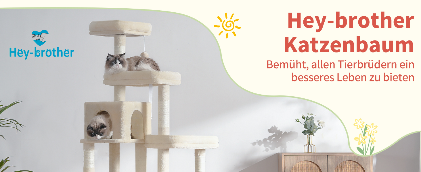 Котячий будиночок Hey-brother XXL для великих котів, 180 см, стабільний, з розширенням праворуч, 3 платформи, 3 печери, 2 будиночки (Бежевий)