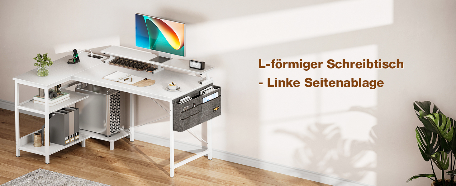 Ігровий стіл L-подібний ODK, 120x80 см з полицею, білий, з USB та розеткою