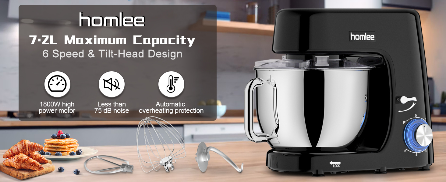 Кухонна машина-міксер 1800W з чашею 7.2L з нержавіючої сталі, 6 швидкостей, низький шум, мультифункціональна (міксер, гак для тіста, вінчик), з кришкою, чорний