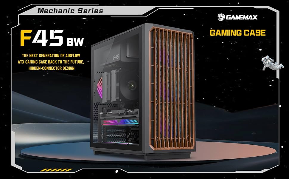 Корпус ПК GAMEMAX F45 Mid-Tower чорного кольору з дерев'яним декором, 4x ARGB PWM вентилятори, сумісний з BTF материнськими платами, скляна бічна панель, для геймінгу