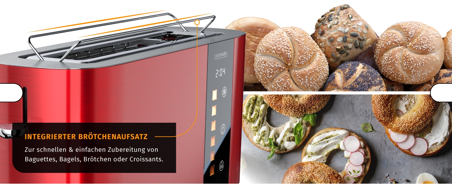 Тостер Arendo з нержавіючої сталі, 2 слоти, сенсорний дисплей, подвійні стінки, насадка для тостів, 6 рівнів підсмажування, центрування хліба, таймер, пам'ять - Чорний (D: Karminrot)