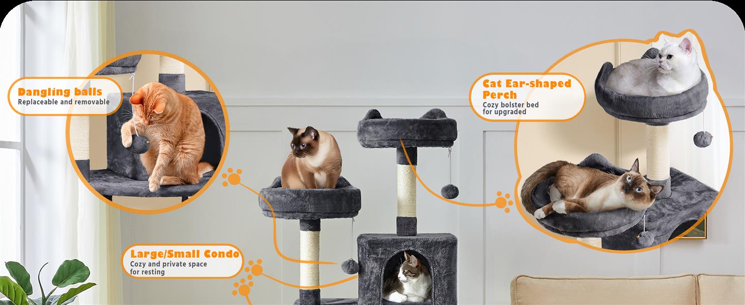 Котячий будиночок Yaheetech XL з когтеточкою, 158 см, сірий. Стабільний, з 2 будиночками та 2 платформами.