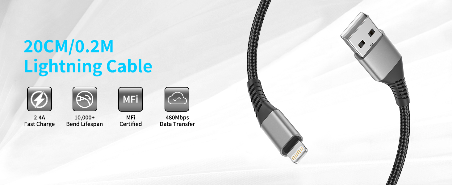 Кабель USB-A Lightning PEAKLIFT 20 см (3 шт) MFi сертифікат, чорний – Швидка зарядка для iPhone 14/13/12/11 Pro Max/XS/XR/X/8/7/6/SE, iPad Air/Mini