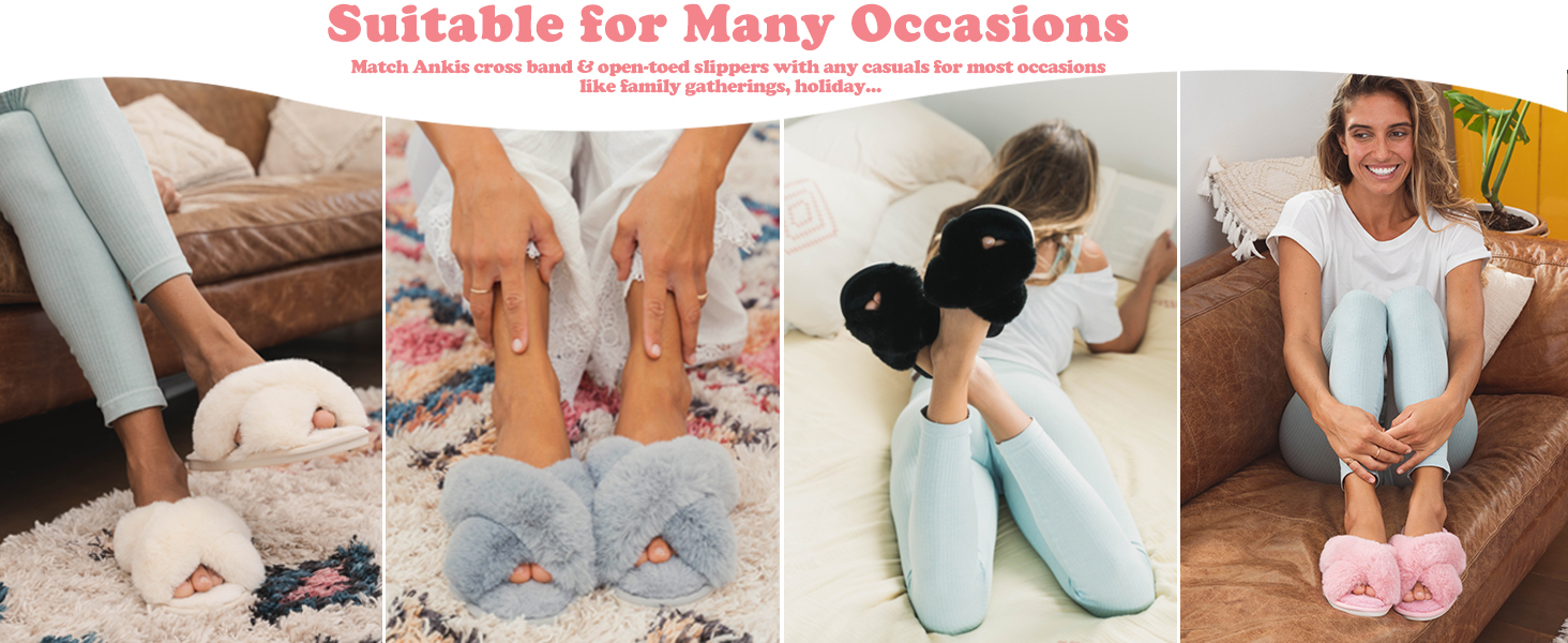 Тапочки жіночі Ankis з плюшу, теплі зимові, з перехресними ремінцями, з піною Memory, відкриті пальці, пухнасті, для дому та вулиці (білі, чорні, сірі, рожеві, верблюжі), 38/39 EU, рожеві