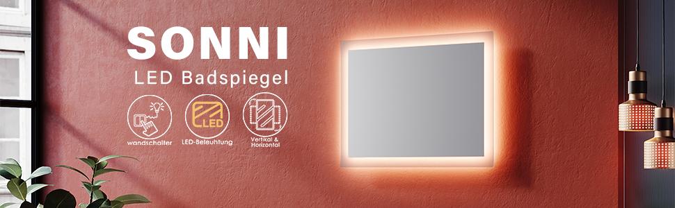 Дзеркало для ванної кімнати SONNI з LED-підсвічуванням 50x70 см, тепле біле світло, IP44, вертикальна/горизонтальна установка, білий