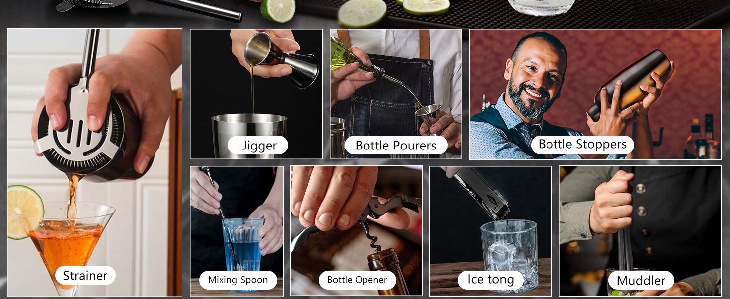Набір для приготування коктейлів, 12 предметів, нержавіюча сталь, 750 мл, з дерев'яною підставкою та книгою рецептів