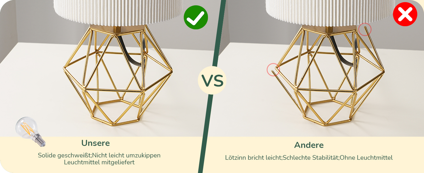 EDISHINE Настільна лампа, сучасний індустріальний дизайн, цоколь E14, вінтаж, для спальні, вітальні, білий & золотий колір (кремово-білий жалюзі + золото)