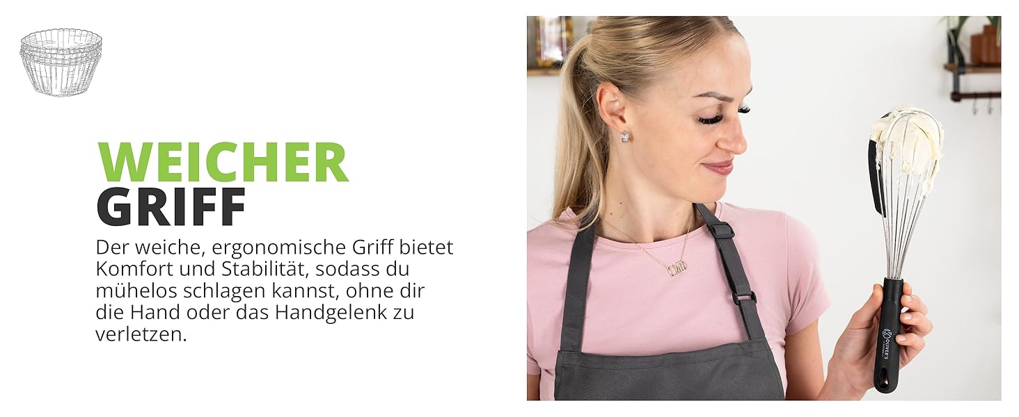 Віскер Oliver's Kitchen® з нержавіючої сталі з інтегрованим силіконовим скребком - ідеальний для випічки та приготування їжі. Спіральний віскер, зручна ручка, легко миється.