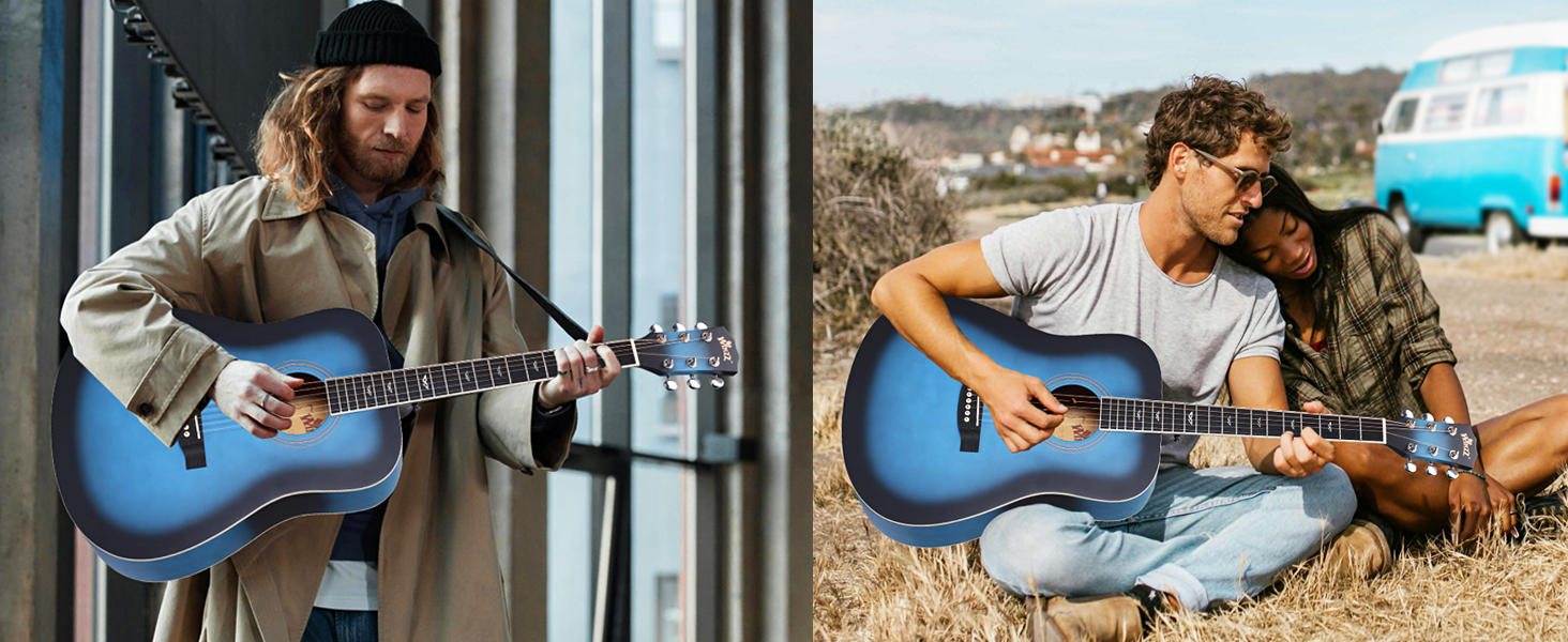 Акустична гітара Winzz 4/4 для початківців, 41 дюйм, з чохлом, тюнером, ременем, медіатором, запасним струною та підставкою (натуральний, блакитний)