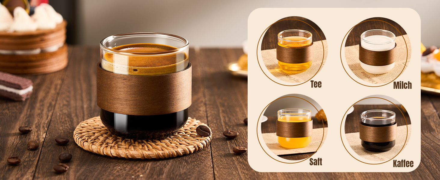 Набір еспресо-чашок ParaCity, 2 шт. з дерев'яним кільцем, склянка для еспресо та шнапсу з боросилікатного скла, прозора маленька чашка для еспресо, аксесуари для еспресо (150 мл)