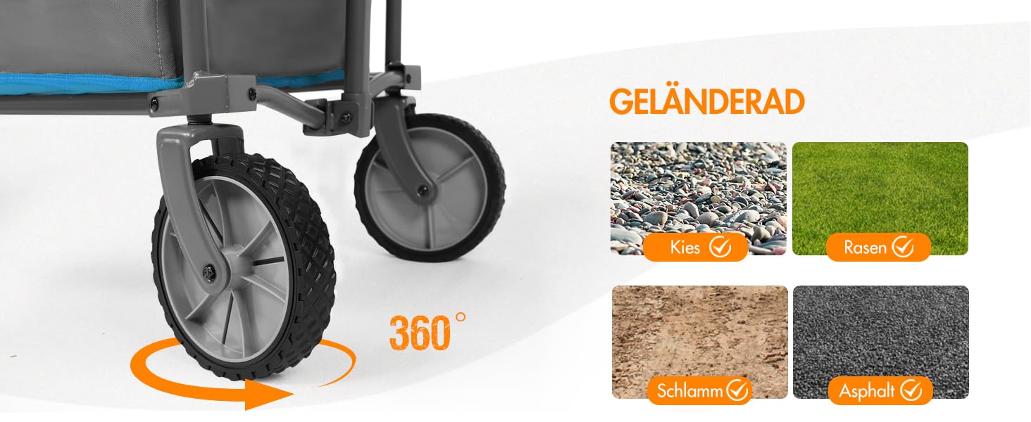 Візок садовий портативний Bollerwagen 300L XXL синій: для кемпінгу, пляжу, транспорту, з підскладником та бічними кишенями, вантажопідйомність 120 кг