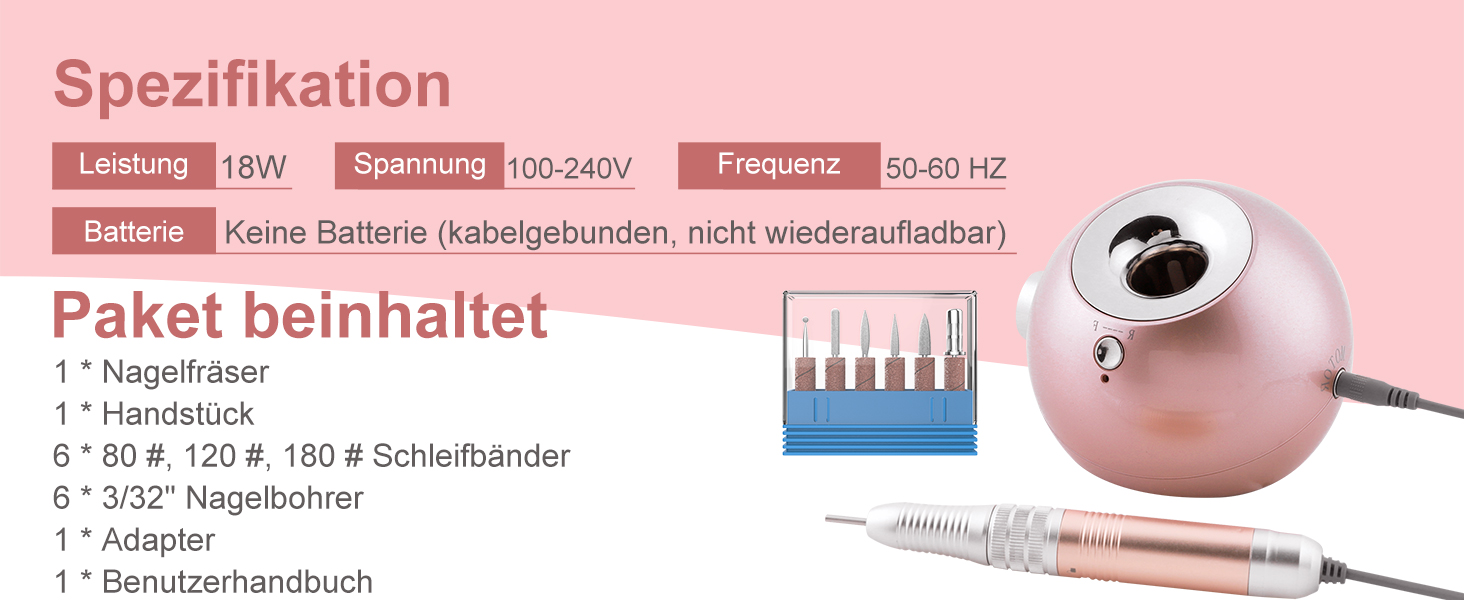 Nagelfräzer Delanie 35000 обертів/хв для гелевих та полігелевих нігтів, 6 в 1: електрична машинка для манікюру та педикюру з насадками, для видалення акрилу та гель-лаку, рожеве золото
