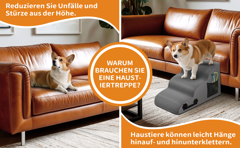 Сходинки для собак, 3 сходинки, з щільного матеріалу, для маленьких собак та котів, знімний чохол, іграшка-канат, легкі та портативні, сірі.