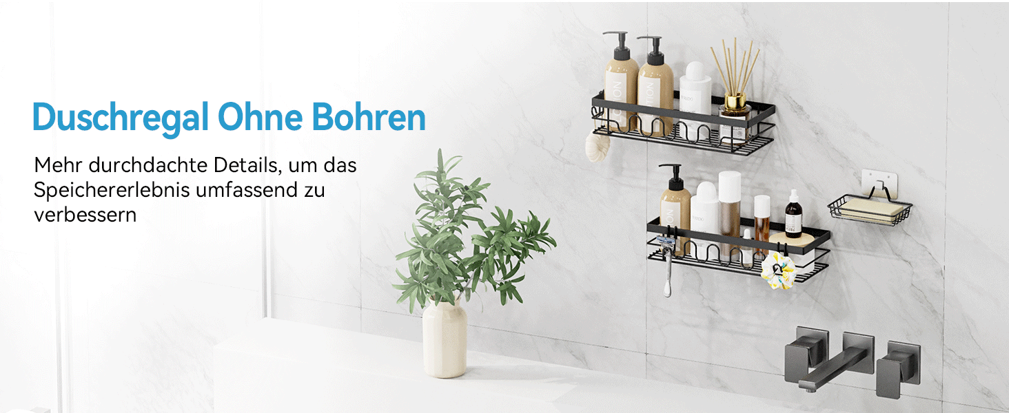 Поличка для душу без свердління, 3-секційний органайзер для душу з регульованими кошиками, нержавіюча сталь - Максимальний простір для зберігання з мильницею та 3 гачками для душу, ванної, кухні, балкону - Підставка для душу без свердління