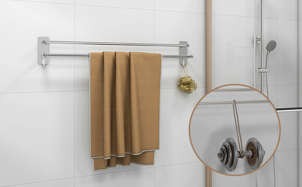 Тримач для рушників на стіну без свердління, нержавіюча сталь SUS304, 3 стійки, 2 гачки, багатофункціональний, для ванної кімнати та кухні (сріблястий, 43.5 см)