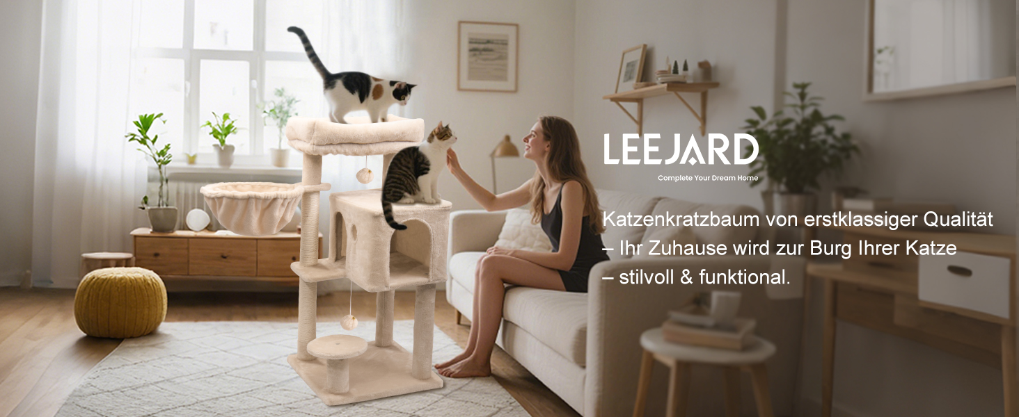 Котячий будиночок з дряпалкою, великі платформи, сизаль, пандус, будиночок для котів, м'ячі та щітка для котів, 95 см, бежевий