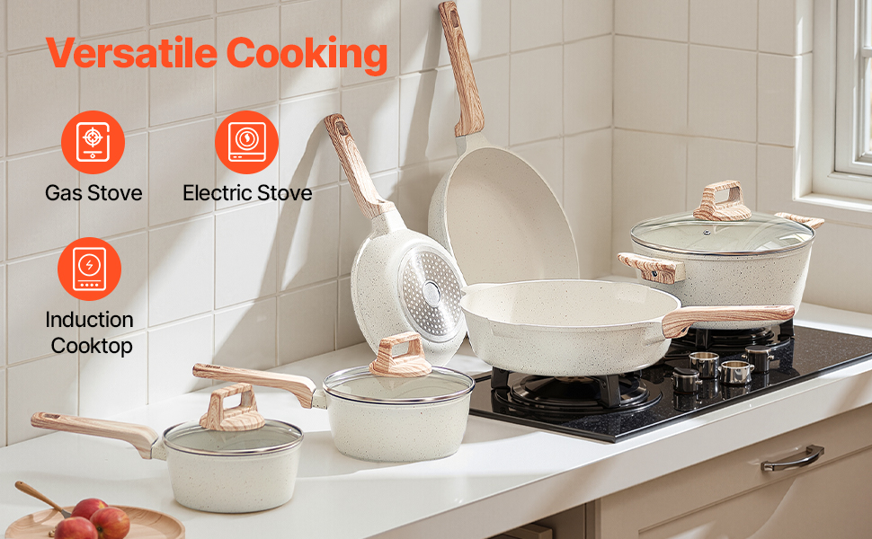 Набір посуду VEVOR 17 предметів з нержавіючої сталі з антипригарним покриттям, індукційні каструлі та сковорідки з кришками, для кухні, кемпінгу та приготування їжі (білий)