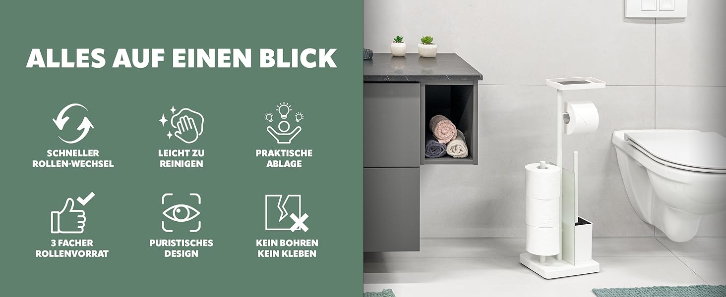 Набір для туалету Eluno Stand-WC 4 в 1: підставка, щітка, 2 змінні насадки, тримач для туалетного паперу на 3 рулони, полиця, скляна та металева поверхня (білий)