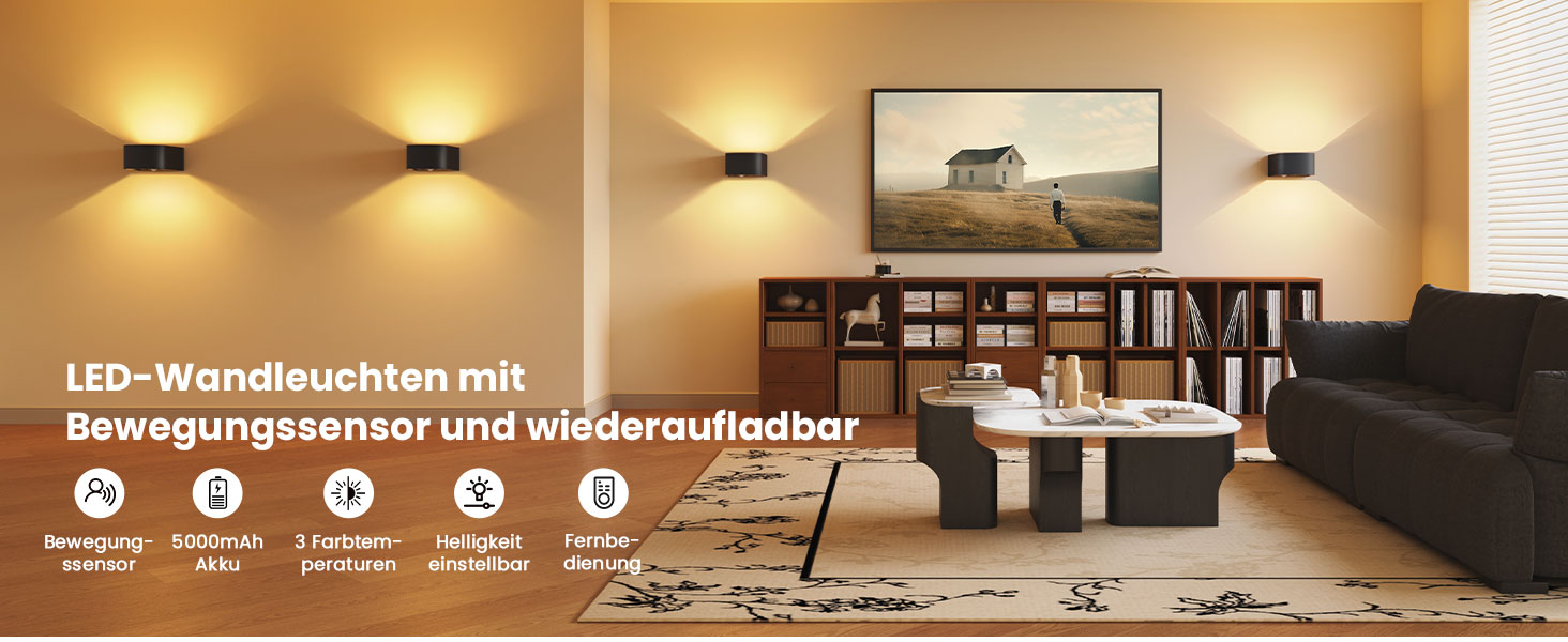 LED-стінна лампа FULEN з датчиком руху, пультом ДУ, 3 кольори, регулювання яскравості, 2 шт.