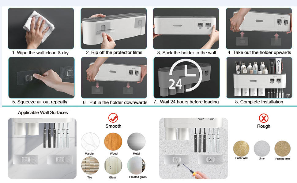 Тримач для зубних щіток настінний з автоматичним дозатором пасти для дітей та дорослих, 6 відділень для щіток, 2 магнітні стаканчики, сірий