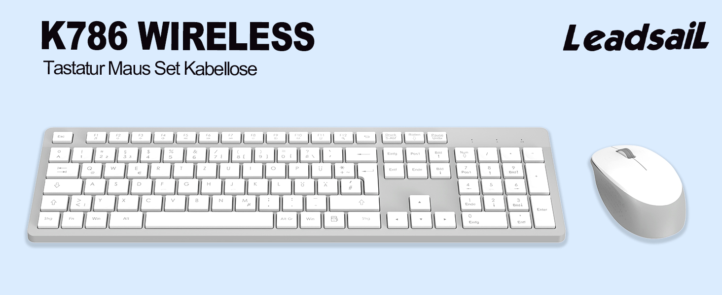 Бездротовий комплект клавіатури та миші Leadsail K786 з цифровою клавіатурою QWERTZ (німецька) - тиха клавіатура, 2.4 GHz, USB Nano приймач для ПК/ноутбука (сірий)