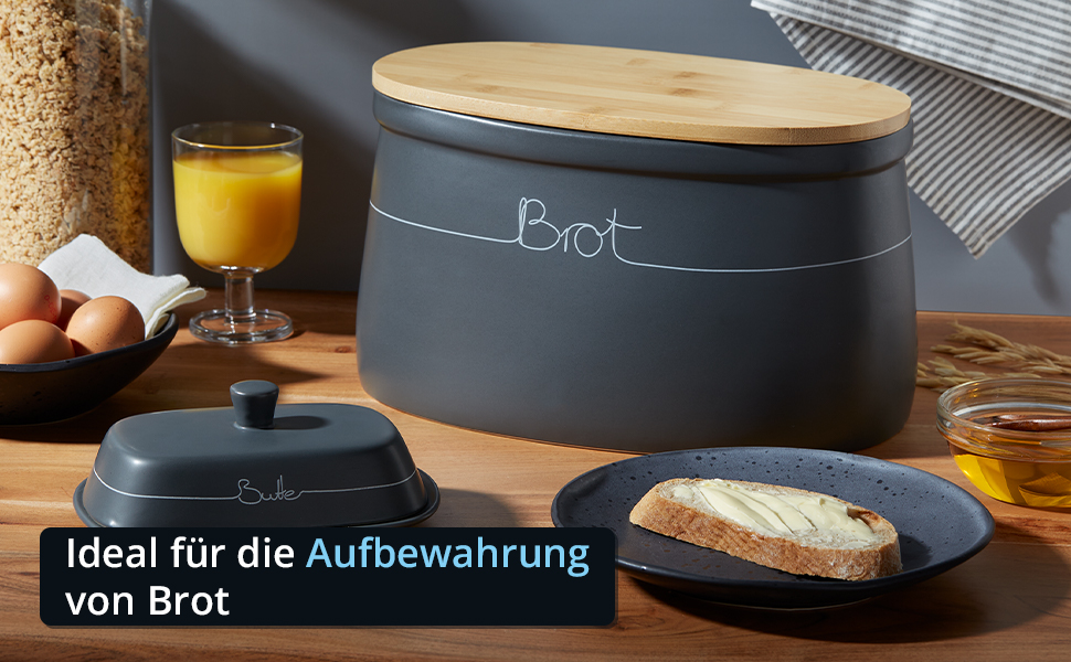 Набір контейнерів для зберігання KHG для кухні антрацитово-сірого кольору з дерев'яною кришкою, контейнери для продуктів з кераміки, з маркуванням, набір органайзерів для кухні, без пластику та світлонепроникні (хлібниця та маслобниця)