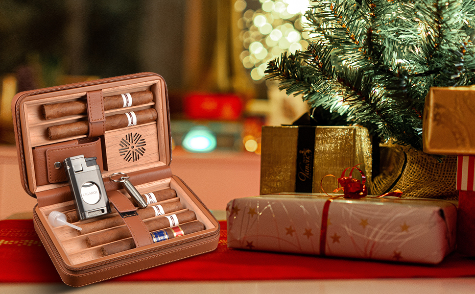 Чохол для сигар з шкіри, вологомір та запальничка 3-в-1, портативний, на 6 сигар, плоский різак, аксесуари, подарунок (чорний)