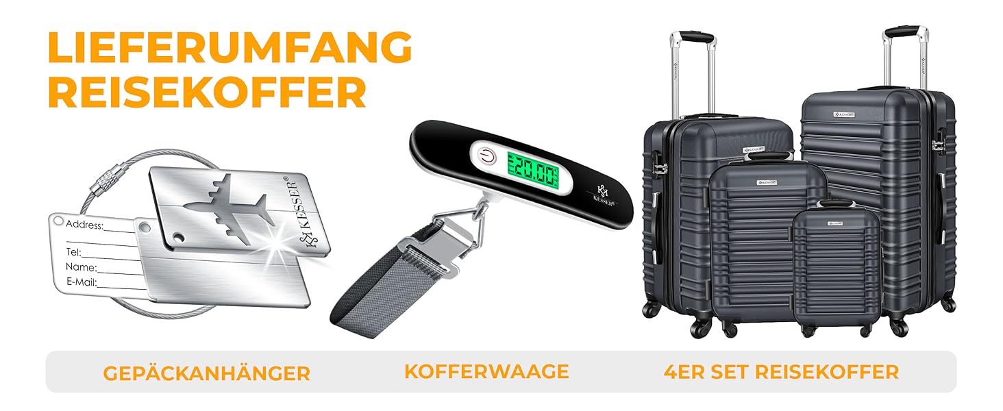 Набір валіз KESSER® з ABS-пластику (4 шт.): S, M, L, XL. Телескопічна ручка, 4 колеса, вага валізи, кріплення для багажу, замок.
