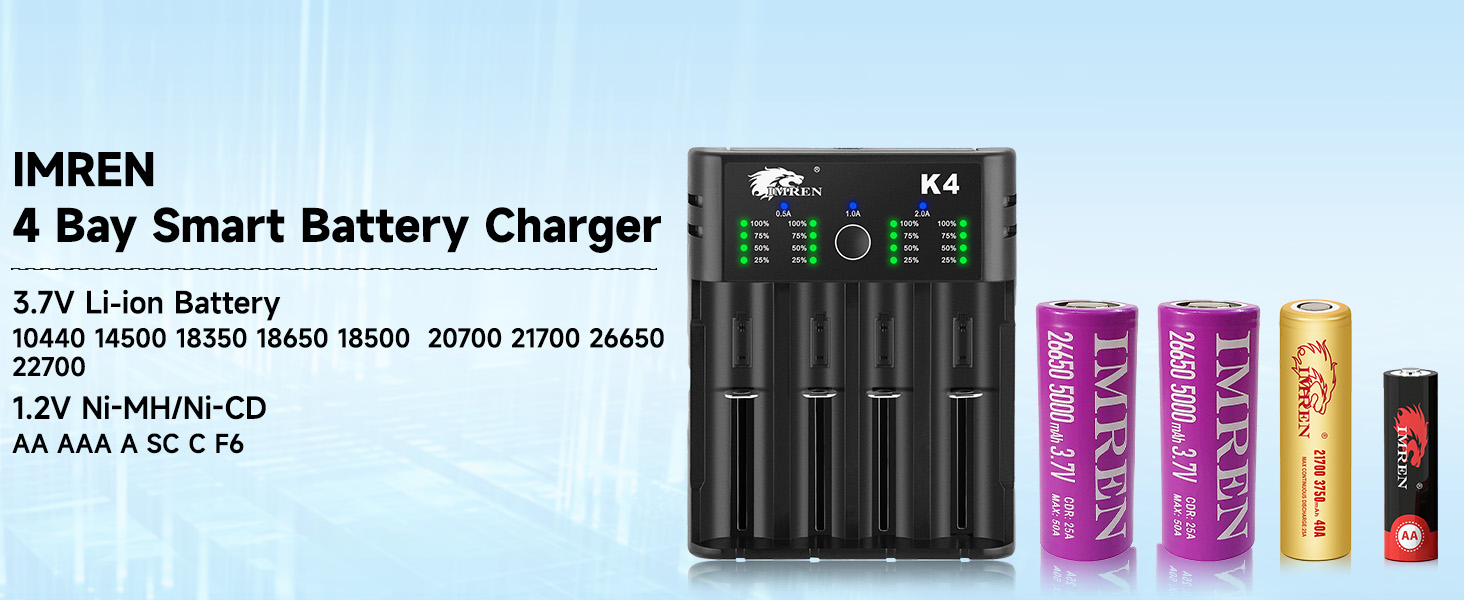 Зарядний пристрій IMREN 18650 з 4 слотами, 2A, USB-C для Li-Ion акумуляторів 18350, 14500, 14650, 17500, 18700, 20700, 21700, 22650, 26650, 1.2V NI-MH/NI-Cd AA AAA C